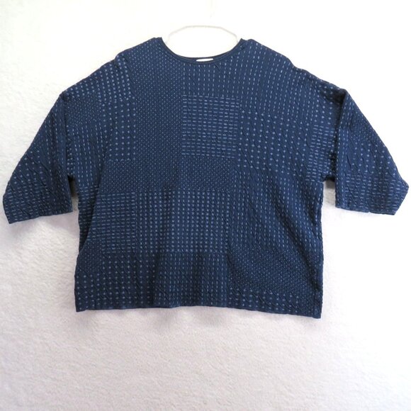 Pure Jill Sweater Sz Medium Navy Blue Textured Light Knit Top Cropped 3/4 Sleeve - Picture 1 of 9